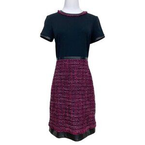 KARL LAGERFELD BLACK BURGUNDY TWEED WOOL BLEND FAUX LEATHER COMBO DRESS - 2